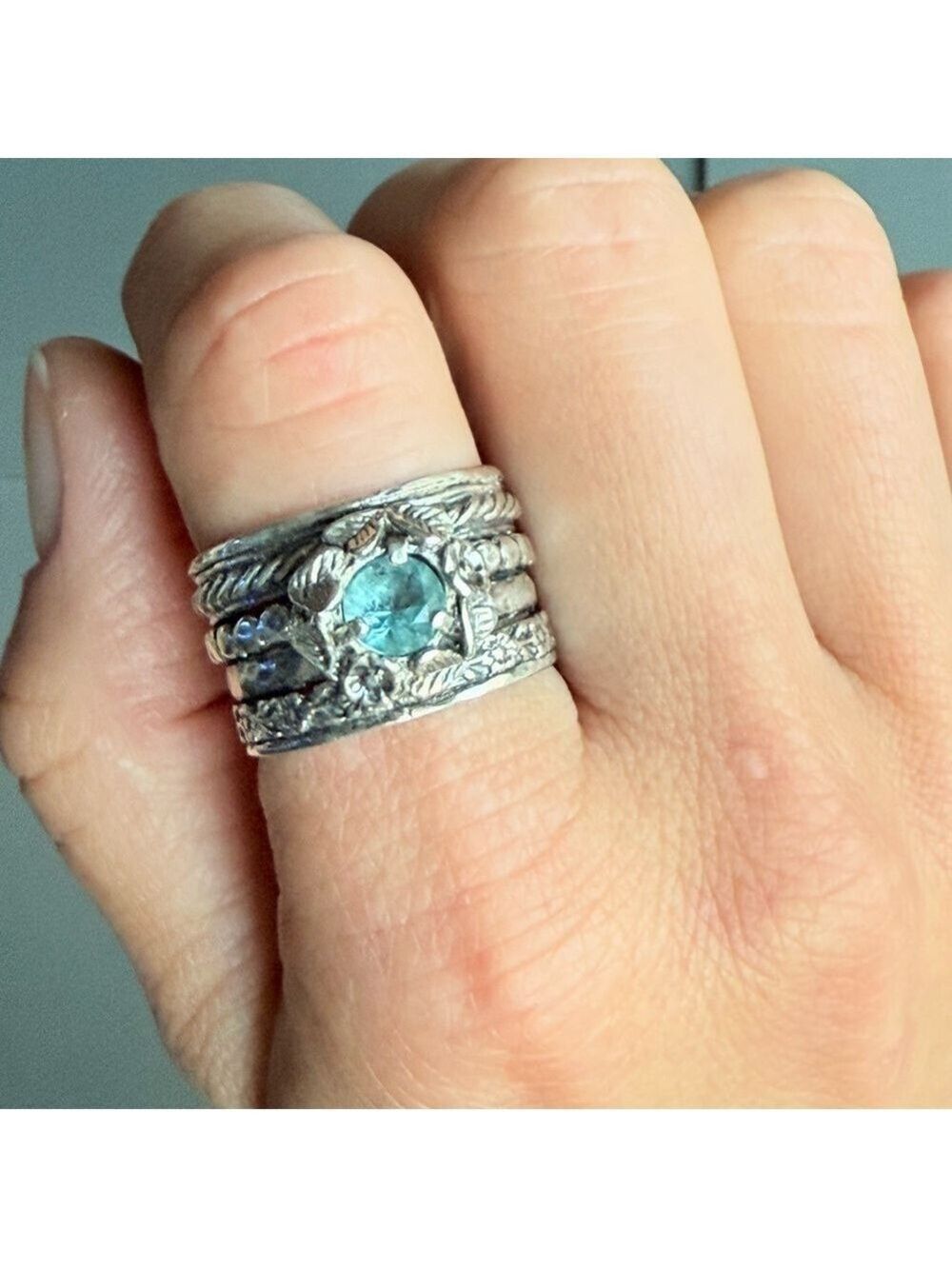 Aquamarine Floral Multiple Textured Detail Ornate Sterling Silver Wide B… - Picture 3 of 9
